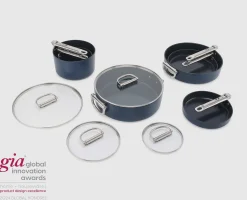 Batterie de cuisine Space antiadhésive en céramique 6 pièces bleue poignée pliante
