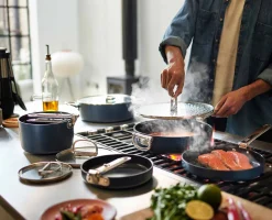 Batterie de cuisine Space antiadhésive en céramique 6 pièces bleue poignée pliante