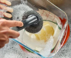 Brosse à Vaisselle et Distributeur de Savon avec Support Inox et 6 Têtes de Rechange