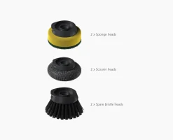 Brosse à Vaisselle et Distributeur de Savon avec Support Inox et 6 Têtes de Rechange
