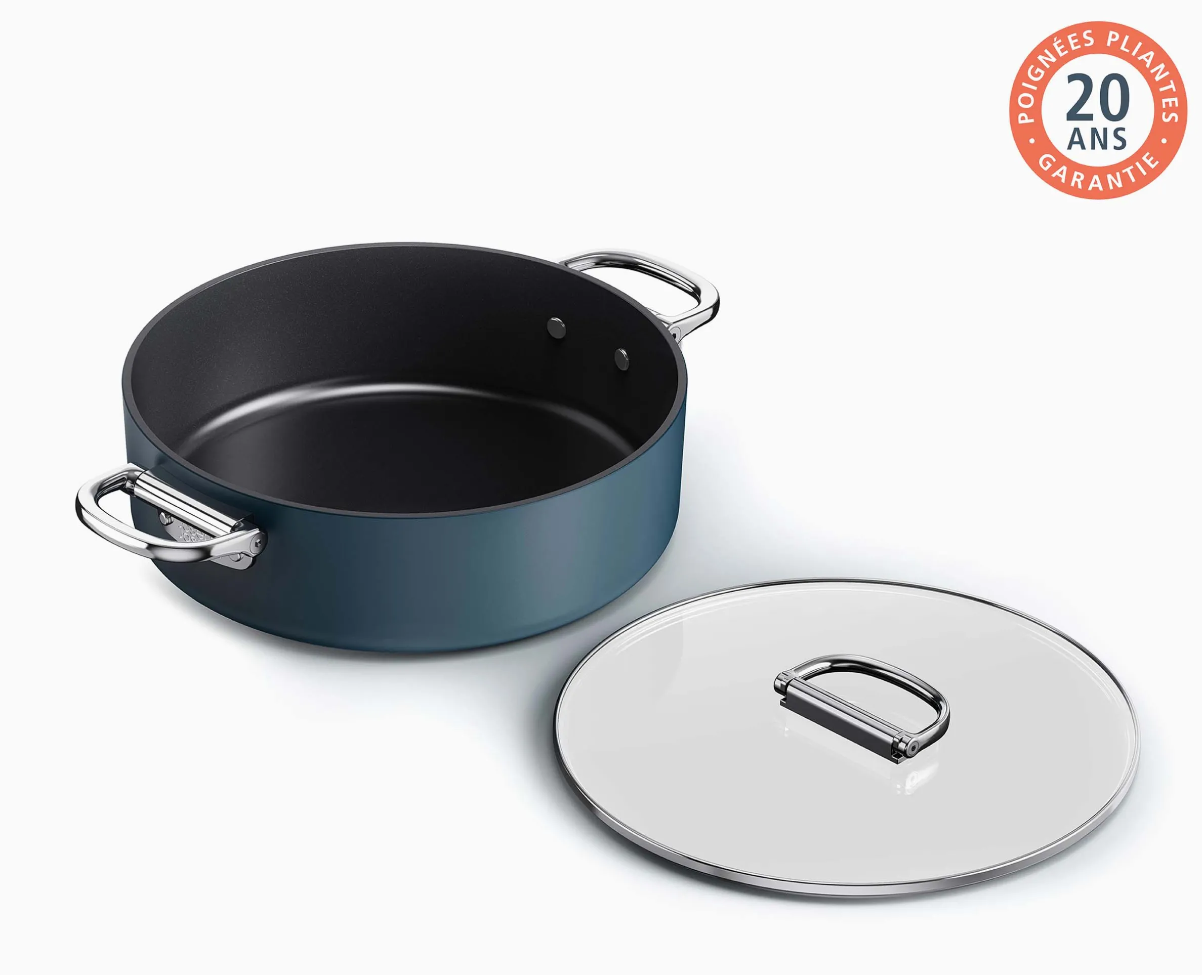 Casserole Space peu profonde antiadhésive en céramique 28 cm bleue avec poignée pliante et couvercle