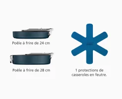 Ensemble bleu Space de poêles à frire antiadhésives en céramique poignée pliante 2 pièces
