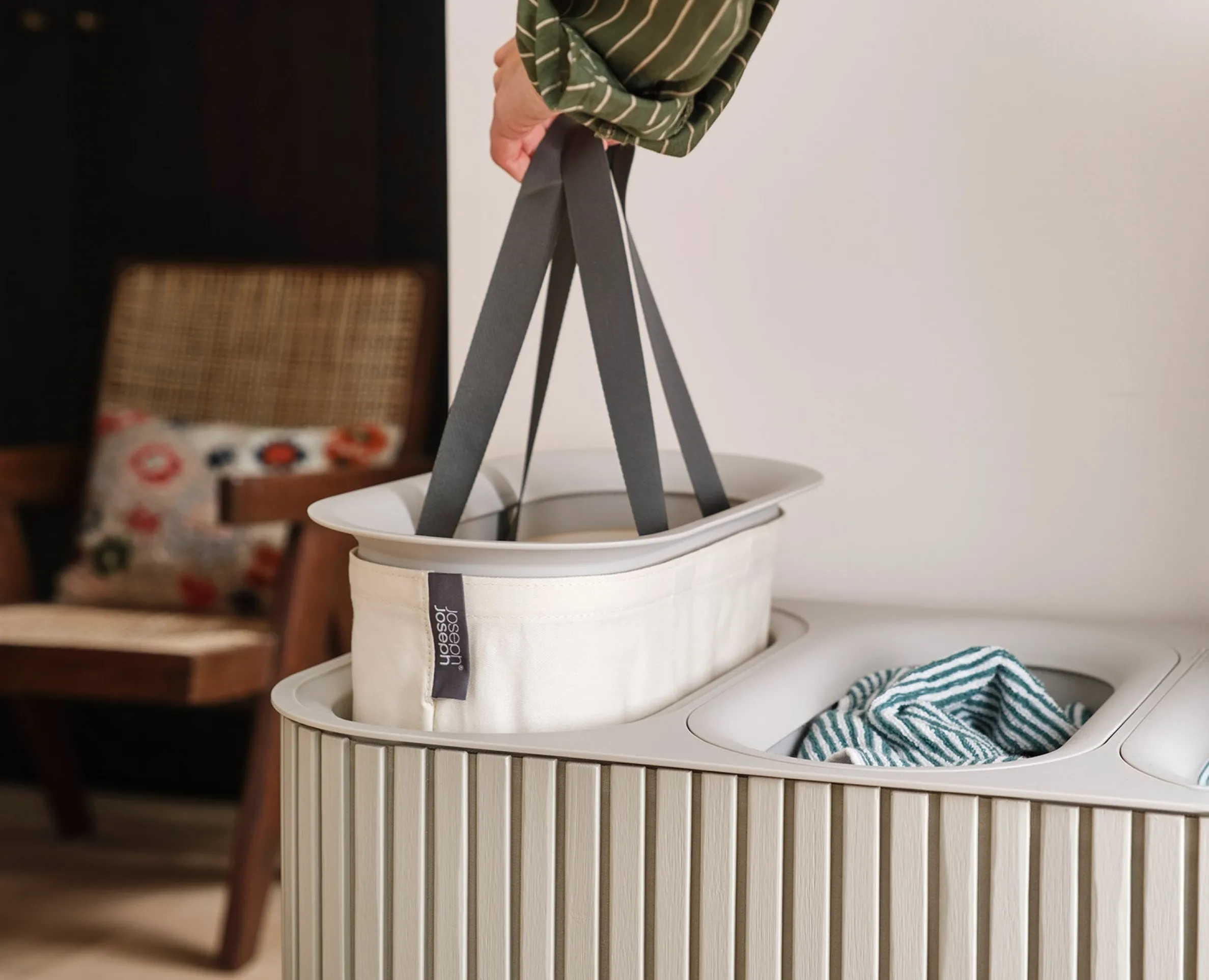Panier à Linge Triple Luxe Bambou Écru 90L Tota Trio Luxe