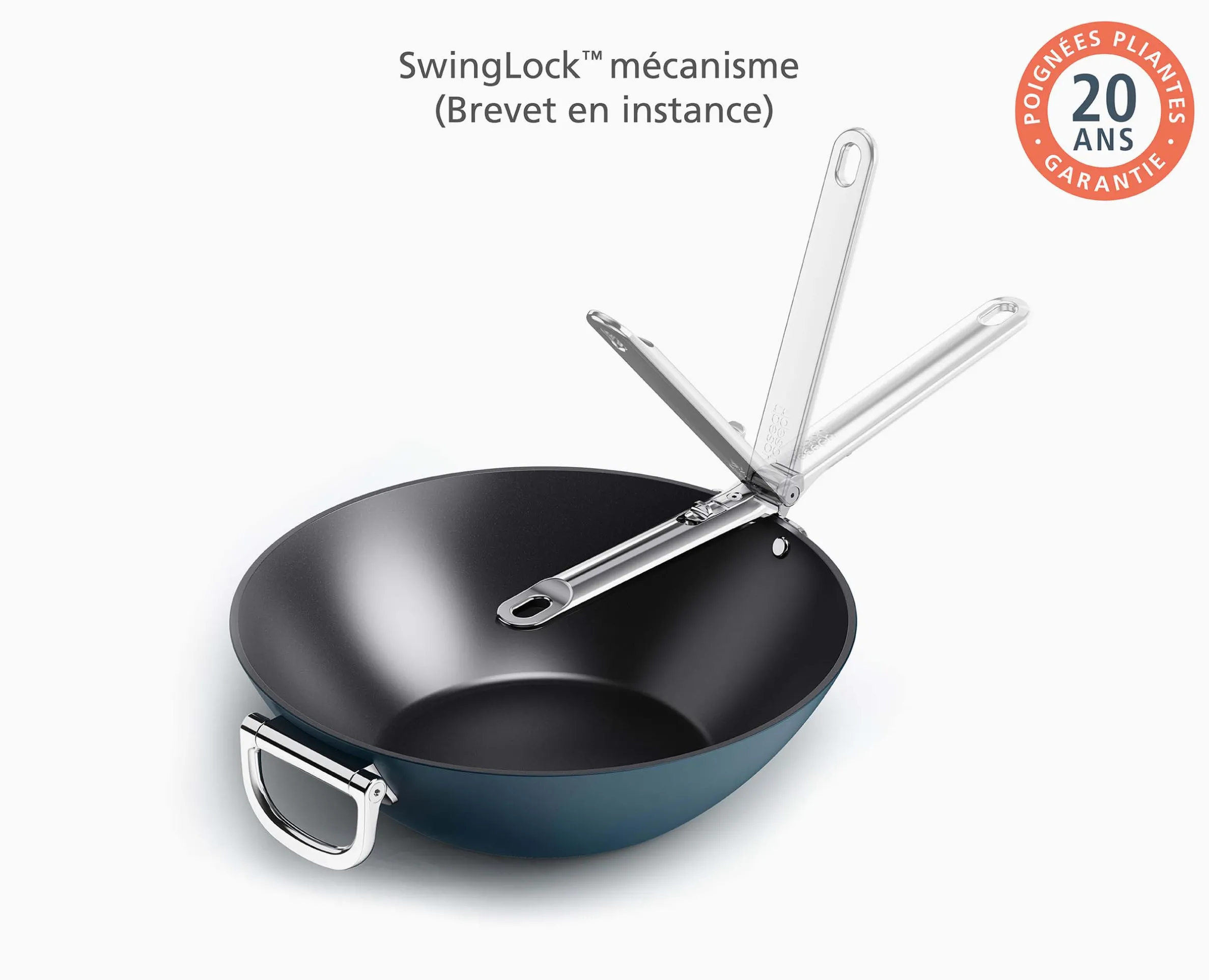 Wok Space antiadhésif en céramique 32 cm bleu poignée pliante